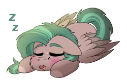 Size: 1644x1080 | Tagged: safe, artist:rokosmith26, derpibooru import, oc, oc:shelly b smith, unofficial characters only, pegasus, pony, blushing, cheek fluff, chibi, colored wings, cute, eyes closed, floppy ears, freckles, image, lying down, open mouth, pegasus oc, png, prone, simple background, sleeping, solo, spread wings, tail, transparent background, two toned mane, two toned wings, wings