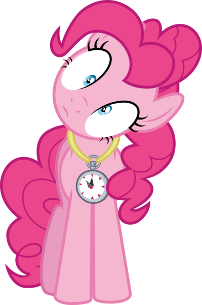 Size: 3000x4512 | Tagged: safe, artist:cloudyglow, derpibooru import, pinkie pie, earth pony, pony, too many pinkie pies, .ai available, female, front view, frown, full body, head tilt, high res, hooves, image, mare, png, shrunken pupils, simple background, solo, standing, stopwatch, transparent background, vector