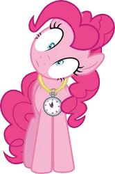 Size: 3000x4512 | Tagged: safe, artist:cloudyglow, derpibooru import, pinkie pie, earth pony, pony, too many pinkie pies, .ai available, female, front view, frown, full body, head tilt, high res, hooves, image, mare, png, shrunken pupils, simple background, solo, standing, stopwatch, transparent background, vector