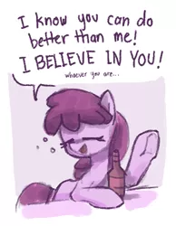 Size: 385x497 | Tagged: safe, artist:plunger, derpibooru import, berry punch, berryshine, earth pony, pony, alcohol, beer, beer bottle, bottle, bust, dialogue, drawthread, drunk, exclamation point, eyes closed, female, image, mare, motivational, open mouth, open smile, png, requested art, simple background, smiling, solo, talking, talking to viewer, text, underhoof