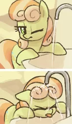 Size: 302x513 | Tagged: safe, artist:plunger, derpibooru import, junebug, ponified, earth pony, pony, drawthread, eyebrows, eyes closed, faucet, female, floppy ears, image, looking at something, mare, one eye closed, png, ponified animal photo, requested art, shading, simple background, solo, tongue out, two toned mane, water, wet