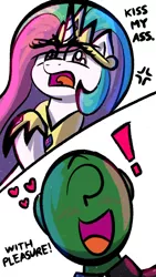 Size: 1080x1920 | Tagged: suggestive, artist:ashtoneer, derpibooru import, princess celestia, oc, oc:anon, alicorn, human, pony, angry, blushing, cross-popping veins, dialogue, drawthread, duo, exclamation point, female, floating heart, heart, image, kiss my ass, male, mare, open mouth, png, requested art, simple background, vulgar, white background