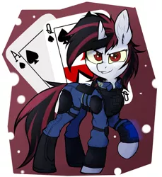 Size: 1600x1750 | Tagged: safe, artist:tatykin, derpibooru import, oc, oc:blackjack, pony, unicorn, fallout equestria, fallout equestria: project horizons, armor, clothes, fanfic art, female, horn, image, jpeg, looking at you, mare, solo, unicorn oc