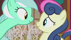 Size: 1280x720 | Tagged: safe, derpibooru import, screencap, bon bon, lyra heartstrings, sweetie drops, pony, season 5, slice of life (episode), adorabon, best friends, cute, duo, duo female, female, happy, image, looking at each other, lyrabetes, mare, png, smiling, smiling at each other
