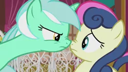 Size: 1280x720 | Tagged: safe, derpibooru import, screencap, bon bon, lyra heartstrings, sweetie drops, earth pony, pony, unicorn, season 5, slice of life (episode), boop, duo, duo female, female, image, looking at each other, looking at someone, lyra is not amused, mare, nose wrinkle, noseboop, png, unamused