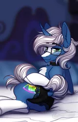 Size: 1151x1794 | Tagged: suggestive, artist:alrumoon_art, derpibooru import, oc, oc:passi deeper, unofficial characters only, pony, unicorn, abstract background, bed, black underwear, butt, choker, clothes, coat markings, crossdressing, dock, eyebrows, eyebrows visible through hair, femboy, fluffy, glasses, horn, image, lace, lace underwear, lingerie, looking at you, looking back, looking back at you, lying down, male, plot, png, prehensile tail, raised tail, side, smiling, smiling at you, socks (coat marking), solo, solo male, stallion, tail, tail hold, underwear, unicorn oc, white hair