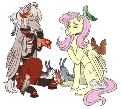 Size: 2900x2600 | Tagged: safe, artist:kikirdcz, derpibooru import, fluttershy, ponified, bird, pony, rabbit, squirrel, animal, genshin impact, image, kazuha (genshin impact), png, simple background, transparent background