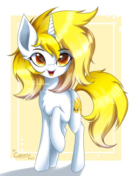 Size: 1536x2048 | Tagged: safe, artist:maiza_zara, derpibooru import, oc, unofficial characters only, pony, unicorn, chest fluff, colored pupils, ear fluff, eyebrows, eyebrows visible through hair, eyelashes, female, hair, horn, image, jpeg, looking at you, mare, open mouth, open smile, raised hoof, shading, signature, smiling, smiling at you, solo, unicorn oc, watermark, yellow hair