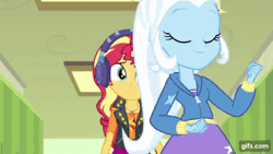 Size: 640x360 | Tagged: safe, derpibooru import, screencap, sunset shimmer, trixie, equestria girls, equestria girls series, overpowered (equestria girls), animated, clothes, cutie mark, cutie mark on clothes, duo, duo female, eyes closed, female, geode of empathy, gif, gifs.com, hairpin, hallway, headphones, hoodie, image, jacket, jewelry, leather, leather jacket, lockers, magical geodes, necklace, open mouth, smiling
