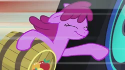 Size: 1920x1080 | Tagged: safe, derpibooru import, screencap, berry punch, berryshine, earth pony, pony, slice of life (episode), amused, barrel, bipedal, female, fruit, happy, image, mare, png, ride, riding, solo, speakers