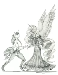 Size: 1100x1416 | Tagged: safe, artist:baron engel, derpibooru import, princess luna, oc, oc:dragonfire, alicorn, anthro, unicorn, canon x oc, clothes, dancing, dress, duo, female, flamenco, grayscale, horn, image, jpeg, male, monochrome, pencil drawing, traditional art, unicorn oc