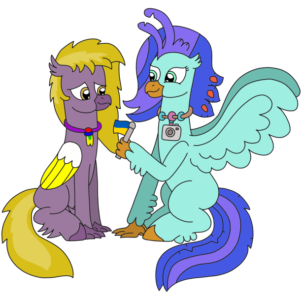 Size: 2345x2294 | Tagged: safe, artist:supahdonarudo, derpibooru import, oc, oc:sea lilly, oc:yutaka deo, unofficial characters only, classical hippogriff, hippogriff, camera, colored wings, flag, holding, image, jewelry, necklace, png, simple background, sitting, support, transparent background, ukraine, wings