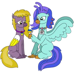 Size: 2345x2294 | Tagged: safe, artist:supahdonarudo, derpibooru import, oc, oc:sea lilly, oc:yutaka deo, unofficial characters only, classical hippogriff, hippogriff, camera, colored wings, flag, holding, image, jewelry, necklace, png, simple background, sitting, support, transparent background, ukraine, wings