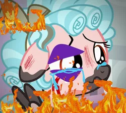 Size: 3750x3356 | Tagged: semi-grimdark, derpibooru import, edit, edited screencap, screencap, cozy glow, pegasus, pony, :s, abuse, burning, burning alive, cozybuse, crying, female, filly, fire, foal, image, op is a duck, op is trying to start shit, picmix, png, teary eyes, wavy mouth