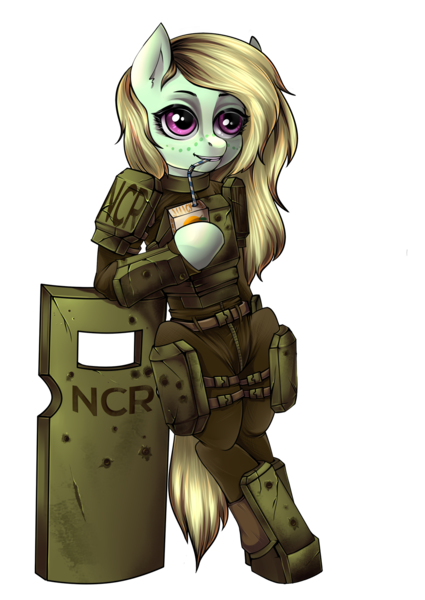 Size: 1075x1518 | Tagged: safe, artist:leastways, derpibooru import, oc, oc:sea hook, unofficial characters only, earth pony, pony, fallout equestria, armor, bipedal, commission, image, juice, juice box, ncr, png, shield, simple background, solo, straw in mouth, transparent background