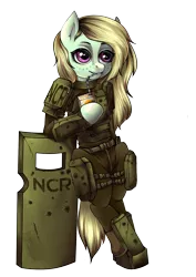 Size: 1075x1518 | Tagged: safe, artist:leastways, derpibooru import, oc, oc:sea hook, unofficial characters only, earth pony, pony, fallout equestria, armor, bipedal, commission, image, juice, juice box, ncr, png, shield, simple background, solo, straw in mouth, transparent background