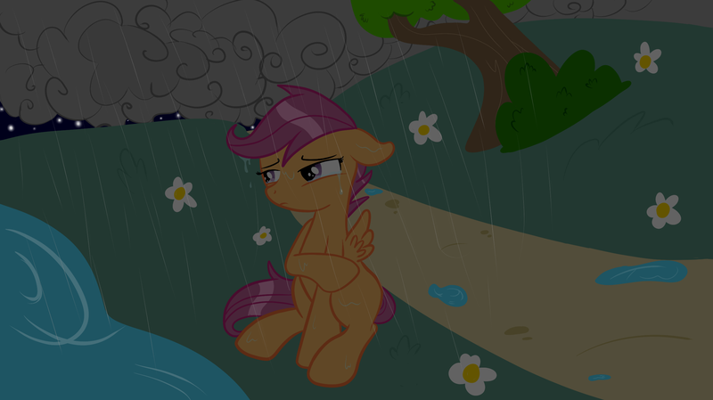 Size: 2592x1456 | Tagged: safe, artist:xylaofspades, derpibooru import, scootaloo, pegasus, pony, blank flank, cloud, crying, female, flightless, floppy ears, flower, frown, image, looking offscreen, night, png, rain, raised hoof, sad, scootalone, scootaloo can't fly, scootasad, sitting, solo, water, wings