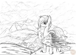 Size: 900x655 | Tagged: safe, artist:valkyrieskies, derpibooru import, scootaloo, pegasus, pony, cloud, female, flightless, frown, hair over one eye, image, jpeg, large wings, looking offscreen, mountain, no color, older, older scootaloo, rain, sad, scootalone, scootaloo can't fly, scootasad, solo, standing, traditional art, wings