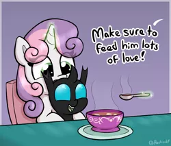 Size: 1587x1353 | Tagged: safe, artist:heretichesh, derpibooru import, sweetie belle, changeling, pony, unicorn, bowl, cute, cuteling, diasweetes, duo, eye clipping through hair, female, filly, foal, food, image, implied rarity, jpeg, levitation, magic, soup, spoon, telekinesis