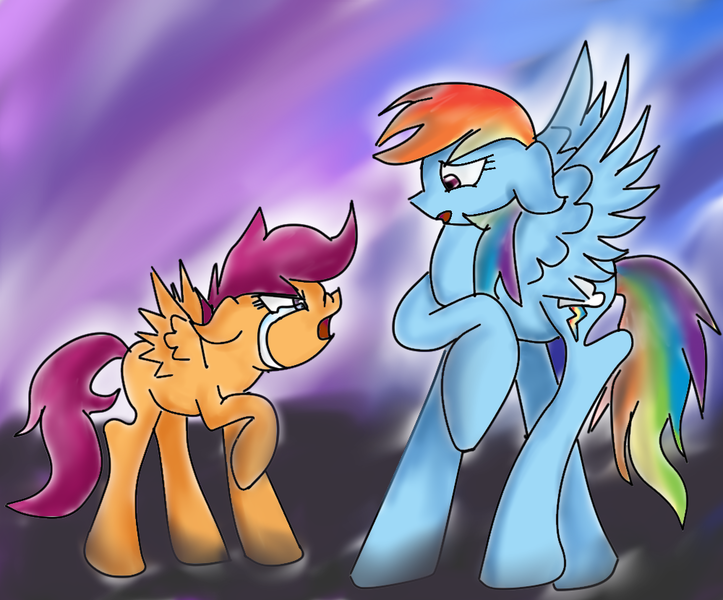 Size: 1000x830 | Tagged: safe, artist:youlooklikefood, derpibooru import, rainbow dash, scootaloo, pegasus, pony, angry, argument, crying, duo, female, filly, floppy ears, foal, hair over one eye, image, looking at each other, looking at someone, open mouth, png, raised hoof, scootaloo can't fly, scootamad, spread wings, story included, tears of anger, wings, yelling
