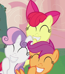Size: 437x498 | Tagged: safe, derpibooru import, screencap, apple bloom, scootaloo, sweetie belle, earth pony, pegasus, pony, unicorn, hearts and hooves day (episode), animated, bow, cropped, cutie mark crusaders, eyes closed, gif, grin, hair bow, image, laughing, loop, smiling