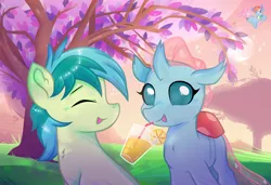 Size: 2420x1658 | Tagged: safe, artist:rainbow eevee, derpibooru import, ocellus, sandbar, changedling, changeling, earth pony, pony, beautiful, chest fluff, crescent moon, cute, detailed background, digital art, evening, eyes closed, female, food, grass, hill, image, juice, male, moon, ocelbar, open mouth, orange, orange juice, park, png, shading, shipping, straight, teenager, tree