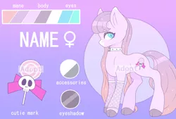 Size: 2950x2000 | Tagged: safe, artist:munrei, derpibooru import, oc, pony, adoptable, adoption, auction, auction open, blue eyes, bow, candy, choker, clothes, cute, cutie mark, female, food, gloves, image, jpeg, lollipop, mare, simple background, skull, solo, watermark