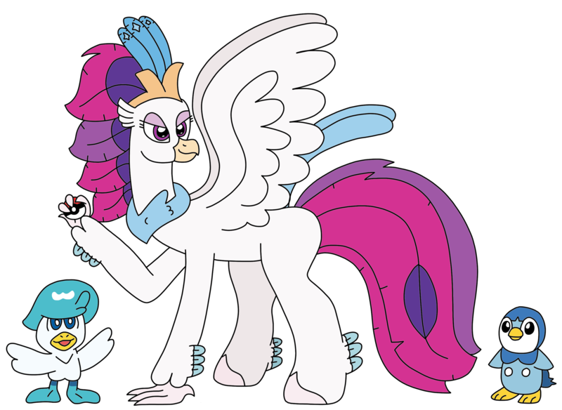 Size: 2710x1977 | Tagged: safe, artist:supahdonarudo, derpibooru import, queen novo, classical hippogriff, hippogriff, piplup, my little pony: the movie, determined, holding, image, png, pokéball, pokémon, quaxly, simple background, transparent background