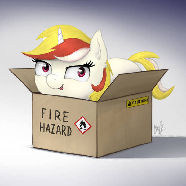 Size: 894x894 | Tagged: safe, artist:magfen, derpibooru import, oc, oc:vida emotionate, unofficial characters only, unicorn, box, fire hazard, image, jpeg, smiling, smirk