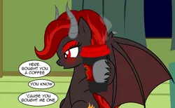 Size: 3370x2072 | Tagged: safe, artist:badumsquish, derpibooru import, oc, oc:kim stone, unofficial characters only, bat pony, demon, demon pony, original species, bat wings, blushing, coffee, coffee cup, couch, cup, curtains, derpibooru exclusive, dialogue, drink, embarrassed, eyeshadow, frown, grumpy, holding, hoof hold, horns, house, image, lidded eyes, looking away, makeup, offscreen character, pentagram, png, pov, show accurate, sitting, solo, spread wings, steam, talking to viewer, tsundere, unshorn fetlocks, window, wings