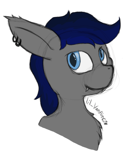 Size: 933x1110 | Tagged: safe, artist:lil_vampirecj, derpibooru import, oc, oc:zephyr star, unofficial characters only, bat pony, pony, art, bat pony oc, bat wings, blue eyes, blue mane, bust, ear piercing, earring, fangs, gray coat, image, jewelry, looking at you, photo, piercing, png, sketch, smiling, smiling at you, solo, wings