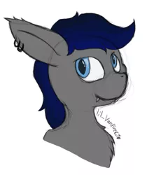 Size: 933x1110 | Tagged: safe, artist:lil_vampirecj, derpibooru import, oc, oc:zephyr star, unofficial characters only, bat pony, pony, art, bat pony oc, bat wings, blue eyes, blue mane, bust, ear piercing, earring, fangs, gray coat, image, jewelry, looking at you, photo, piercing, png, sketch, smiling, smiling at you, solo, wings