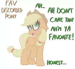 Size: 2797x2572 | Tagged: safe, artist:justapone, derpibooru import, applejack, earth pony, pony, applejack's hat, blushing, colored, cowboy hat, dialogue, digital art, discorded, ear blush, februpony, female, floppy ears, hat, image, liar, liarjack, looking up, lying, open mouth, png, raised leg, shoulder fluff, smiling, solo, wavy mouth