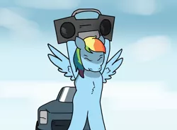 Size: 770x568 | Tagged: safe, artist:str8aura-draws-horses-and-stuff, derpibooru import, rainbow dash, twilight sparkle's secret shipfic folder, boombox, car, chest fluff, cloud, image, looking down, png, spread wings, wings
