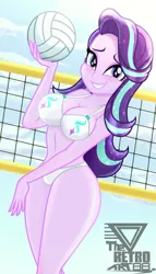 Size: 1600x2800 | Tagged: suggestive, artist:theretroart88, derpibooru import, starlight glimmer, equestria girls, beach, belly button, breasts, busty starlight glimmer, female, gritted teeth, image, looking at you, png, solo, solo female, sports, stupid sexy starlight glimmer, volleyball, volleyball net