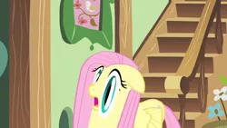 Size: 1920x1080 | Tagged: safe, derpibooru import, screencap, fluttershy, pegasus, pony, a bird in the hoof, season 1, faic, female, flower pot, fluttershy's cottage, great moments in animation, hallway, image, mare, picture frame, png, smear frame, solo, stairs, wat
