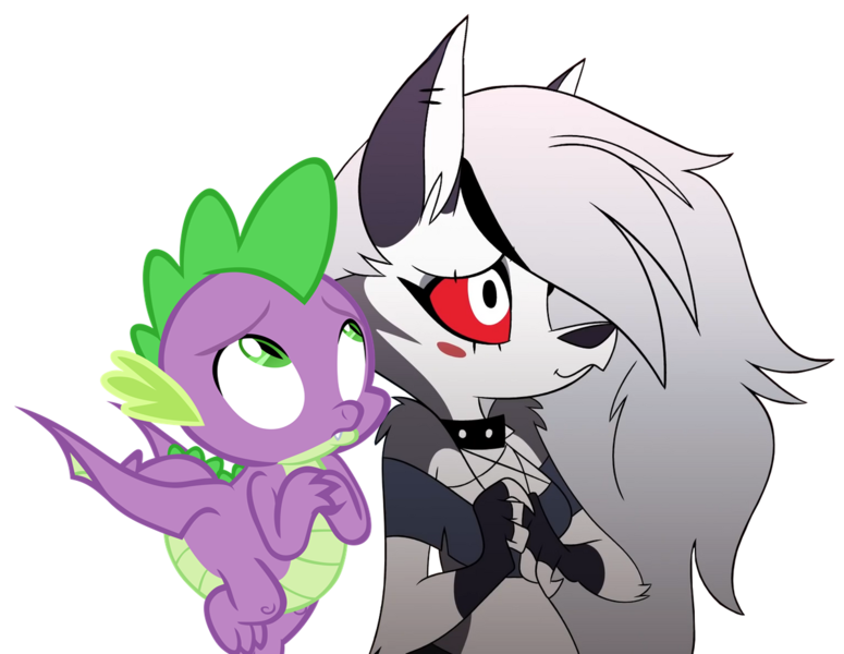 Size: 1198x928 | Tagged: safe, artist:memnoch, artist:ponygamer2020, derpibooru import, spike, dragon, hellhound, :3, adorable face, crossover, crossover shipping, cute, duo, female, helluva boss, image, looking up, loona (helluva boss), loonabetes, male, png, shipping, simple background, spikabetes, spikelove, spiloona, straight, transparent background, vector, winged spike, wings