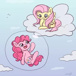 Size: 1500x1500 | Tagged: safe, artist:sketchydesign78, derpibooru import, fluttershy, pinkie pie, earth pony, pegasus, pony, bubble, cloud, cute, diapinkes, duo, female, floating, happy, image, in bubble, mare, on a cloud, open mouth, open smile, pinkie being pinkie, png, redraw, shyabetes, smiling