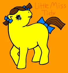 Size: 520x556 | Tagged: safe, artist:mlpfanboy579, derpibooru import, ponified, earth pony, pony, blue bow, bow, brown hair, brown mane, brown tail, eyelashes, female, full body, g1, green eyes, hair bow, hooves, image, little miss tidy, mare, mr. men, mr. men and little miss, open mouth, open smile, orange background, pigtails, png, raised hoof, raised leg, simple background, smiling, solo, standing, tail, tail bow
