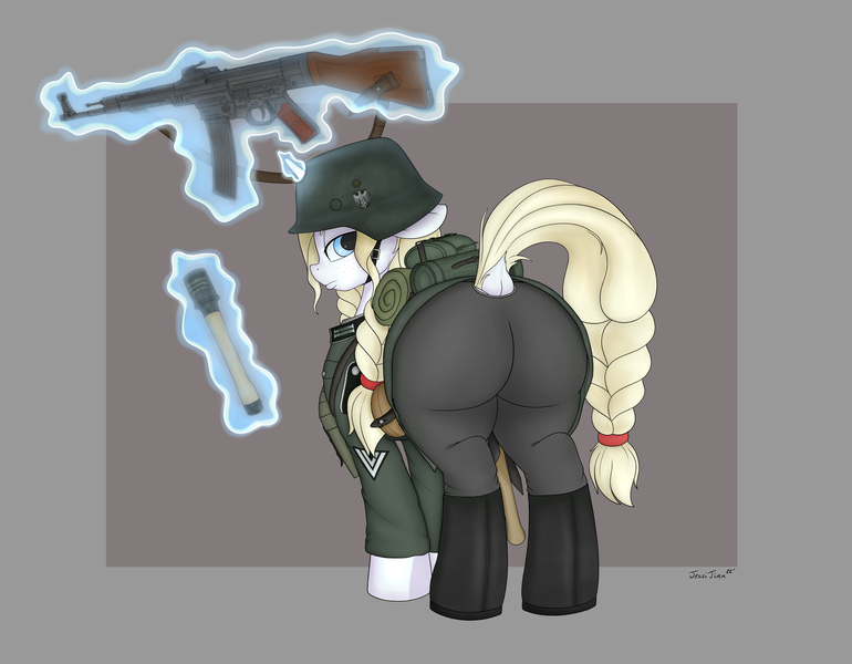 Size: 2000x1559 | Tagged: safe, artist:jessijinx, ponybooru import, oc, oc:erika aethelhilde, unofficial characters only, pony, unicorn, /mlp/, /mlpol/, 4chan, ammo pouch, annoyed, aryan, aryan pony, assault rifle, blonde, blonde mane, blonde tail, blue eyes, boots, braid, braided pigtails, braided tail, butt, canteen, cutie mark, dagger, dock, female, freckles, grenade, gun, helmet, horn, image, large butt, looking back, magic, magic aura, mare, nazi, nazipone, png, rifle, shoes, shovel, sleeping bag, solo, stahlhelm, standing, stg 44, stielhandgranate, telekinesis, weapon, wehrmacht, white coat