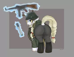 Size: 2000x1559 | Tagged: safe, artist:jessijinx, ponybooru import, oc, oc:erika aethelhilde, unofficial characters only, pony, unicorn, /mlp/, /mlpol/, 4chan, ammo pouch, annoyed, aryan, aryan pony, assault rifle, blonde, blonde mane, blonde tail, blue eyes, boots, braid, braided pigtails, braided tail, butt, canteen, cutie mark, dagger, dirty, dock, female, freckles, grenade, gun, helmet, horn, image, large butt, looking back, magic, magic aura, mare, nazi, nazipone, png, rifle, shoes, shovel, sleeping bag, solo, stahlhelm, standing, stg 44, stielhandgranate, telekinesis, tight clothing, weapon, wehrmacht, white coat