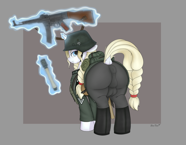 Size: 2000x1559 | Tagged: questionable, artist:jessijinx, ponybooru import, oc, oc:erika aethelhilde, unofficial characters only, pony, unicorn, /mlp/, /mlpol/, 4chan, ammo pouch, angry, annoyed, anus, aryan, aryan pony, assault rifle, blonde, blonde mane, blonde tail, blue eyes, boots, braid, braided pigtails, braided tail, butt, canteen, crotch bulge, crotchboobs, cutie mark, dagger, disgusted, dock, female, freckles, grenade, gun, helmet, horn, image, large butt, large ponut, looking back, magic, magic aura, mare, nazi, nazipone, png, ponut, puffy vulva, rifle, shoes, shovel, sleeping bag, solo, stahlhelm, standing, stg 44, stielhandgranate, teats, telekinesis, tight clothing, vagina, vulva, weapon, wehrmacht, white coat