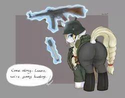 Size: 2000x1559 | Tagged: safe, artist:jessijinx, ponybooru import, oc, oc:erika aethelhilde, unofficial characters only, pony, unicorn, /mlp/, /mlpol/, 4chan, ammo pouch, annoyed, aryan, aryan pony, assault rifle, blonde, blonde mane, blonde tail, blue eyes, boots, braid, braided pigtails, braided tail, butt, canteen, cutie mark, dagger, dirty, dock, female, flower, freckles, grenade, gun, helmet, horn, image, large butt, looking back, magic, magic aura, mare, nazi, nazipone, png, rifle, shoes, shovel, sleeping bag, solo, speech bubble, stahlhelm, standing, stg 44, stielhandgranate, talking, talking to viewer, telekinesis, tight clothing, weapon, wehrmacht, white coat