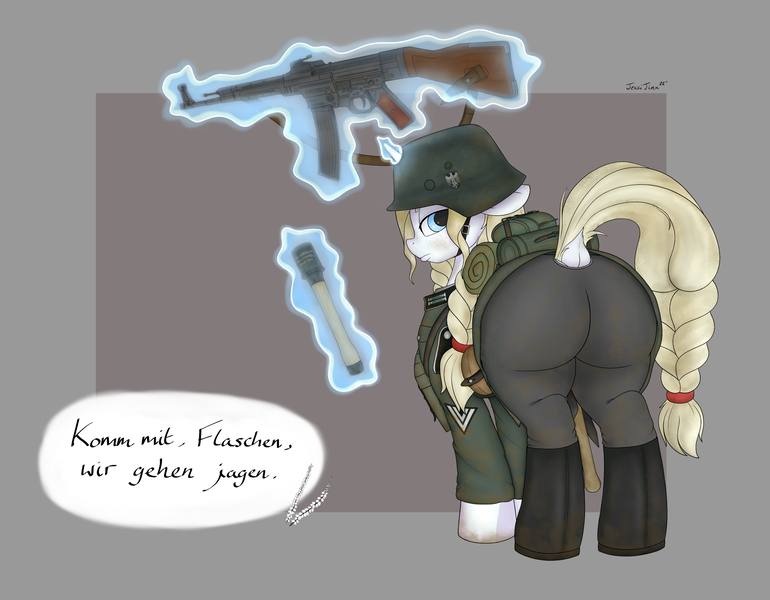 Size: 2000x1559 | Tagged: safe, artist:jessijinx, ponybooru import, oc, oc:erika aethelhilde, unofficial characters only, pony, unicorn, /mlp/, /mlpol/, 4chan, ammo pouch, annoyed, aryan, aryan pony, assault rifle, blonde, blonde mane, blonde tail, blue eyes, boots, braid, braided pigtails, braided tail, butt, canteen, cutie mark, dagger, dock, female, flower, freckles, german, grenade, gun, helmet, horn, image, large butt, looking back, magic, magic aura, mare, nazi, nazipone, png, rifle, shoes, shovel, sleeping bag, solo, speech bubble, stahlhelm, standing, stg 44, stielhandgranate, talking, talking to viewer, telekinesis, tight clothing, weapon, wehrmacht, white coat
