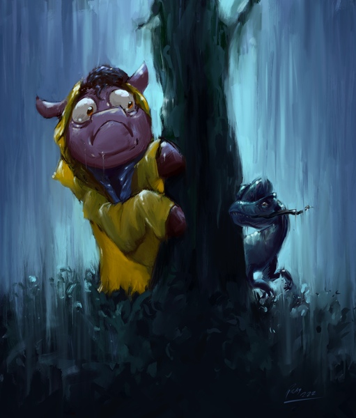 Size: 3486x4097 | Tagged: safe, artist:rigbyh00ves, derpibooru import, ponified, dilophosaurus, dinosaur, pony, :c, dennis nedry, frown, image, jpeg, jurassic park, moments before disaster, rain, raincoat, solo, this will end in death, tree