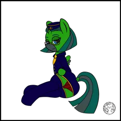 Size: 1024x1024 | Tagged: suggestive, artist:dice-warwick, derpibooru import, oc, oc:temboril tablature, original species, pony, fallout equestria, fallout equestria: dance of the orthrus, bedroom eyes, clothes, dock, fanfic art, frog (hoof), glasses, hat, horn, image, mirage pony, necktie, panties, png, red panties, skirt, small horn, small wings, socks, solo, stripes, suit, tail, thigh highs, underhoof, underwear, wings