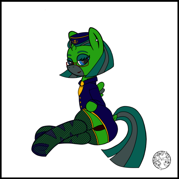 Size: 1024x1024 | Tagged: suggestive, artist:dice-warwick, derpibooru import, oc, oc:temboril tablature, original species, pony, fallout equestria, fallout equestria: dance of the orthrus, bedroom eyes, clothes, dock, dock piercing, ear piercing, fanfic art, fishnets, frog (hoof), glasses, hat, horn, image, mirage pony, necktie, panties, piercing, png, skirt, small horn, small wings, socks, solo, stripes, suit, tail, tail piercing, thigh highs, underhoof, underwear, wings