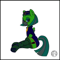 Size: 1024x1024 | Tagged: suggestive, artist:dice-warwick, derpibooru import, oc, oc:temboril tablature, original species, pony, fallout equestria, fallout equestria: dance of the orthrus, bedroom eyes, clothes, dock, dock piercing, ear piercing, fanfic art, fishnets, frog (hoof), glasses, hat, horn, image, mirage pony, necktie, panties, piercing, png, skirt, small horn, small wings, socks, solo, stripes, suit, tail, tail piercing, thigh highs, underhoof, underwear, wings