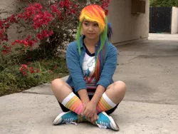 Size: 1725x1294 | Tagged: safe, artist:eri-nyan, derpibooru import, rainbow dash, human, equestria girls, 2015, clothes, cosplay, costume, image, irl, irl human, jpeg, multicolored hair, photo, rainbow hair, sitting, socks, solo, striped socks