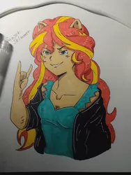 Size: 810x1080 | Tagged: safe, artist:simonhtf, derpibooru import, sunset shimmer, equestria girls, clothes, devil horn (gesture), female, image, jacket, jpeg, leather jacket, ponied up, smiling, smirk, solo, traditional art